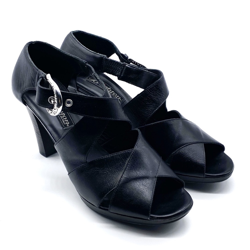 Brighton Womens 8M Black Leather Italy High Heels Open Toe Shoes Pumps Buckle